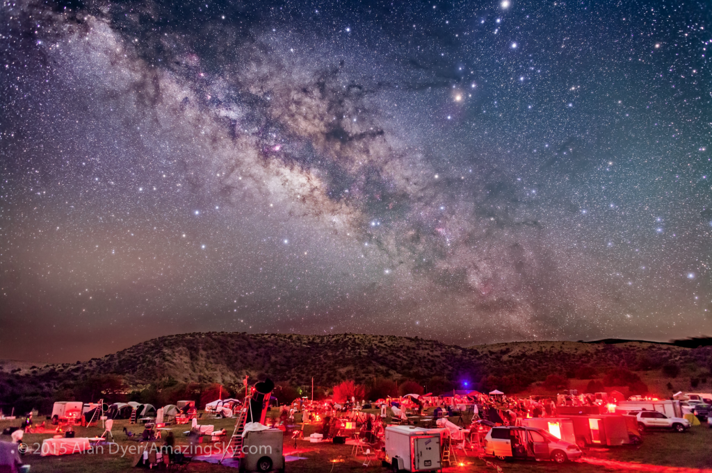 Nightscape of stargazers and the Milky Way through Scorpius and Sagittarius at the Texas Star Party in 2015 (by Alan Dyer)