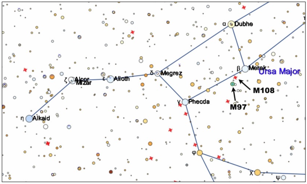 Location of the Owl Nebula (M97) and galaxy M108 below the bowl of the Big Dipper.