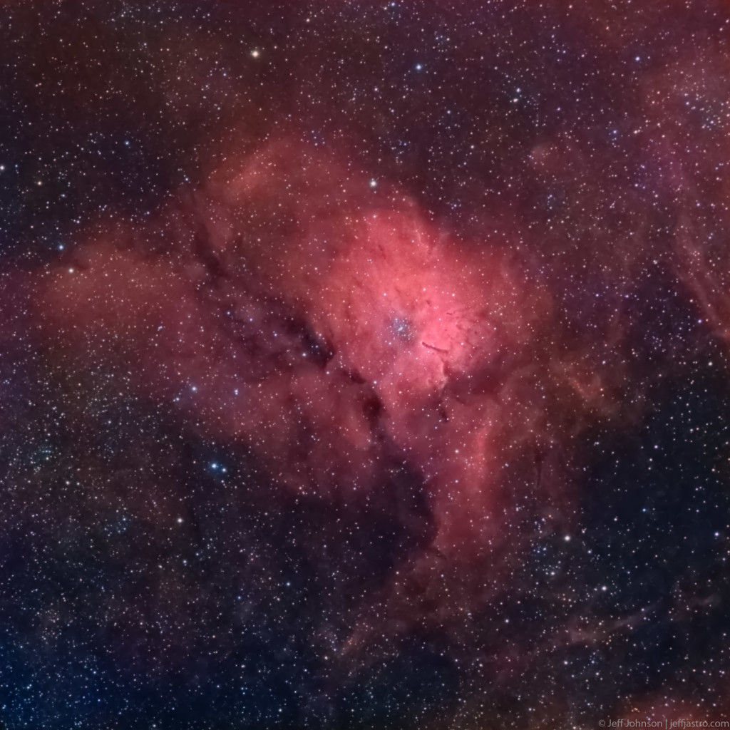Image of open star cluster and emission nebula NGC 6823 and NGC 6820 in the constellation Vulpecula (credit: Jeff Johnson)