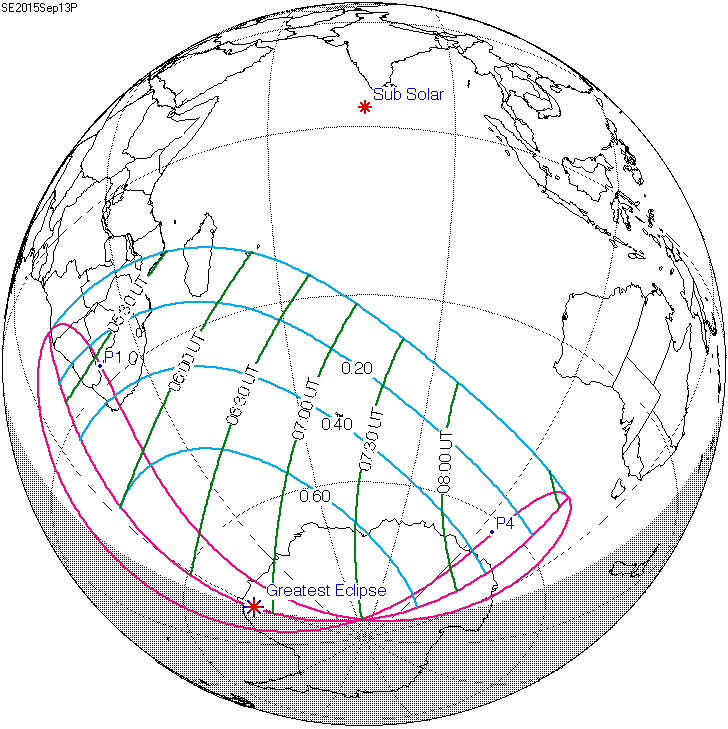 Visibility of the solar eclipse of September 13, 2015 (NASA/Fred Espenak).