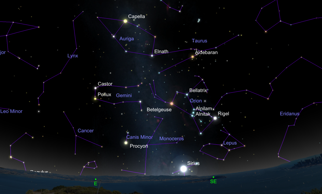 The location of Gemini as seen at 11 pm looking east and northeast in mid-December. The radiant of the Geminid meteor shower lies near the star Castor.