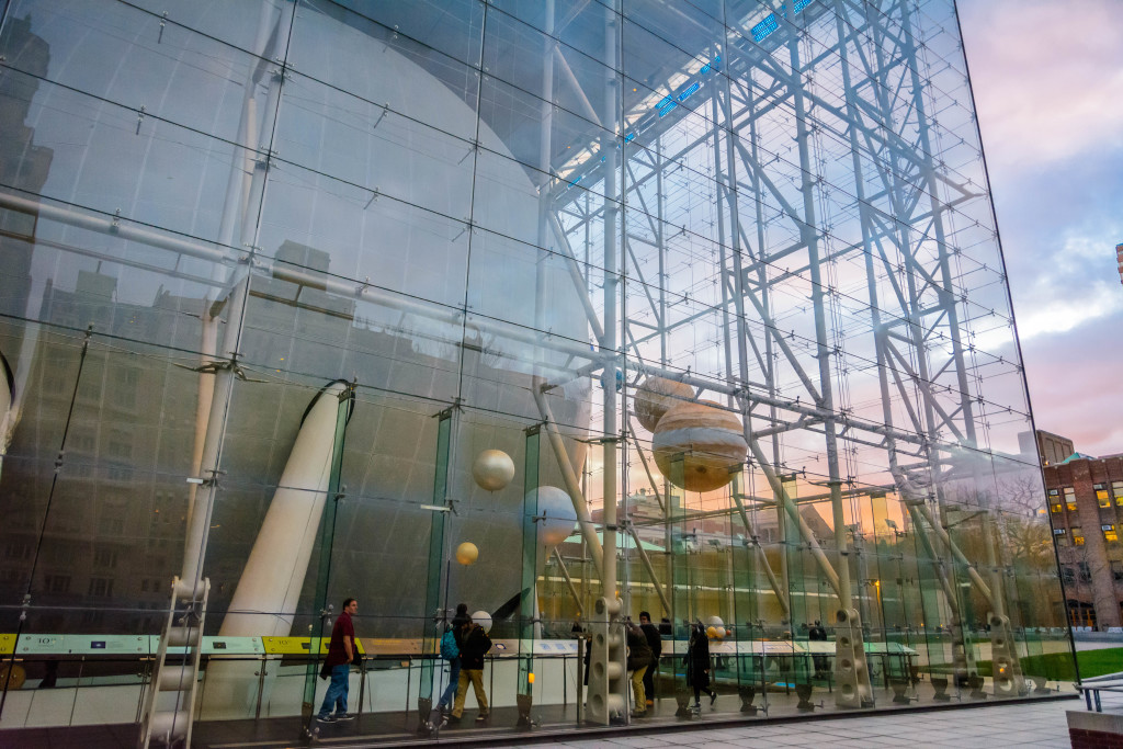 A street view of the Rose Center for Earth and Space Science. The planetarium theater is located within the "Hayden Sphere" at left.