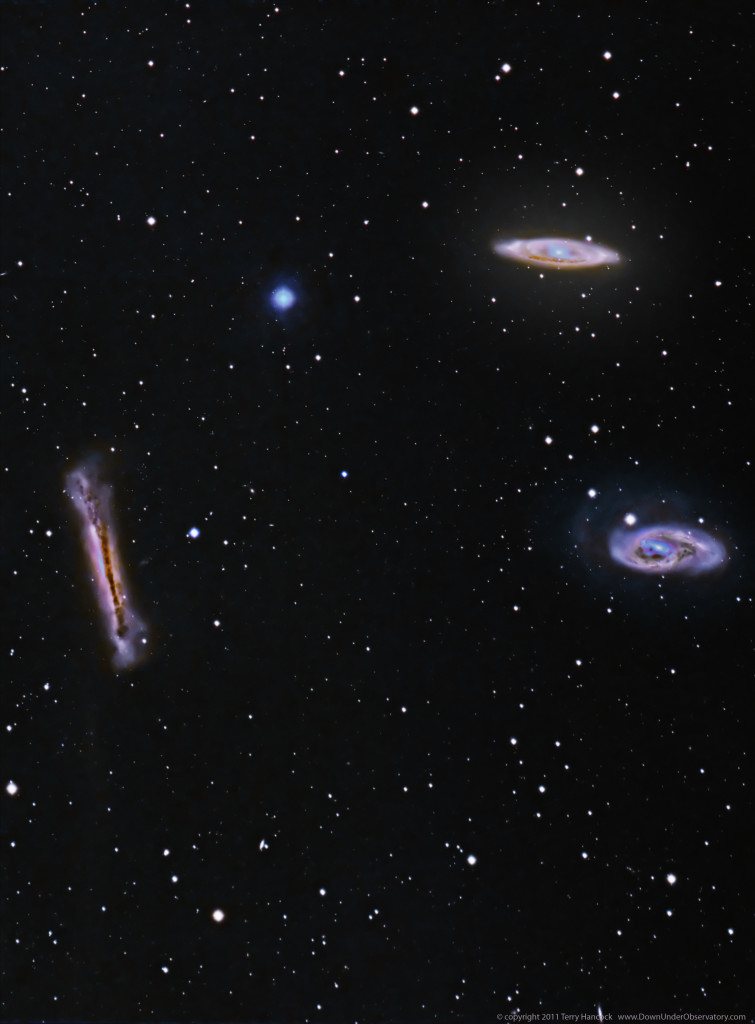 The Leo Triplet includes edge-on spiral galaxy NGC 3628 (below left), spiral galaxy M65 (top), and spiral galaxy M66 (below right). Image credit: Terry Hancock at Downunderobservatory.com