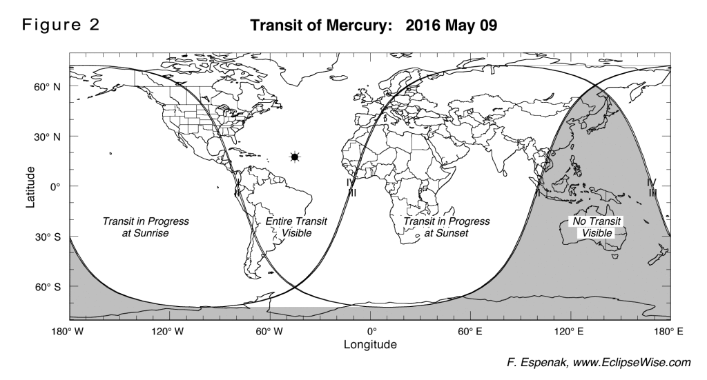 Worldwide visibility of the transit of Mercury on May 9, 2016. Credit: Fred Espenak at EclipseWise.com.