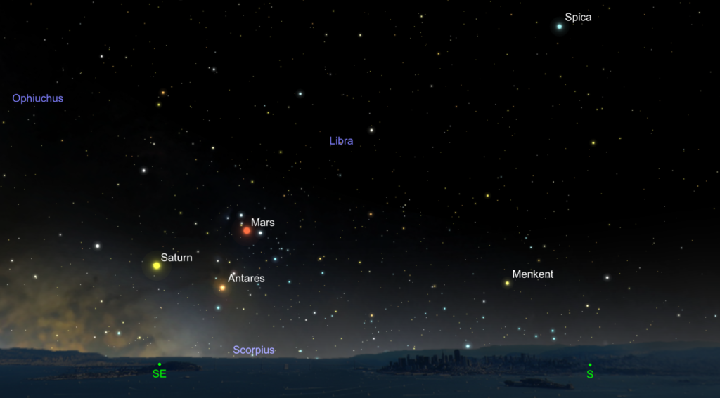 The location of Mars at opposition on May 22, 2016. The planet straddles the border between the constellations Scorpius and Libra. Created with SkySafari.