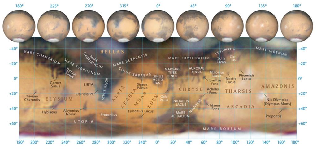 A full-surface map of Mars showing the major regions of the planet visible from Earth (credit: Sky and Telescope).
