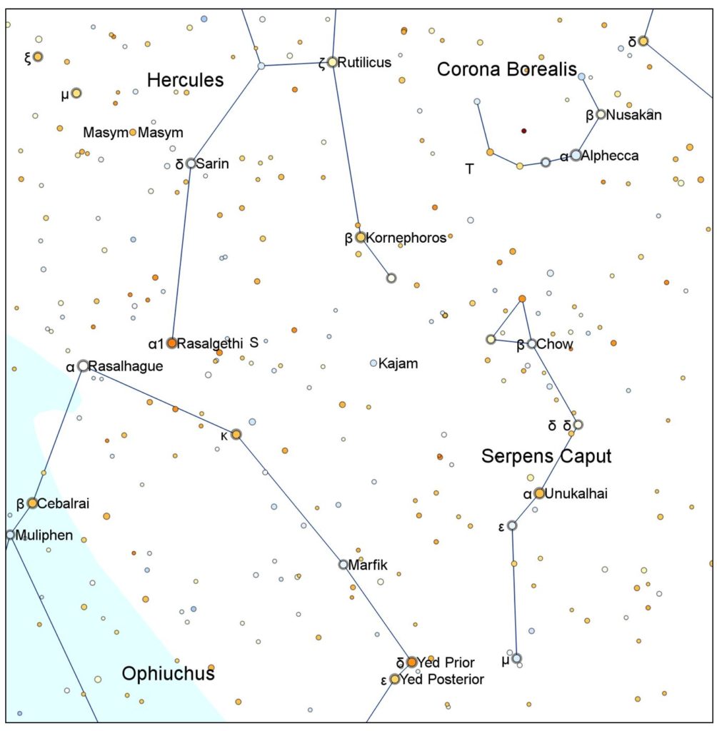 The stars of Serpens Caput, due south of Corona Borealis. In this image, north is up and east is to the left.