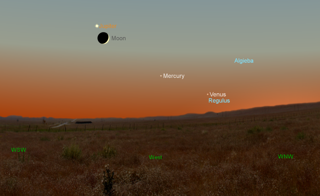 Jupiter, the crescent Moon, Mercury, and Venus about 45 minutes after sunset in the western sky on August 5, 2016.