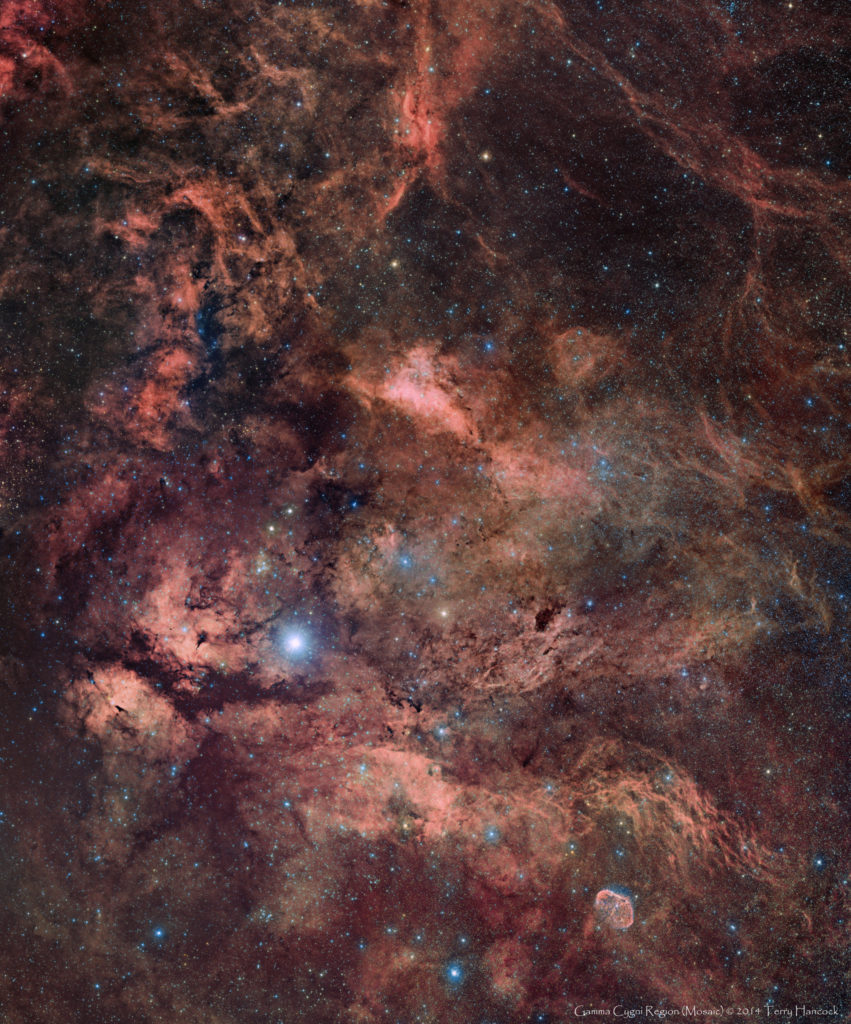 The region around the star Sadr or gamma Cygni, just left of center, including the nebulosity of IC 1318 and the Crescent Nebula, NGC 6888) at bottom right. Image credit: Terry Hancock.