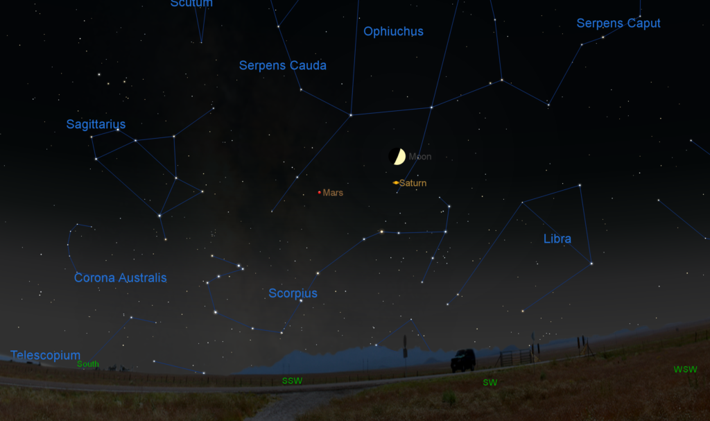 The nearly first-quarter Moon joins the bright star Antares in Scorpius and the planets Mars and Saturn on September 8, 2016 as seen looking southwest at 9 pm local time.