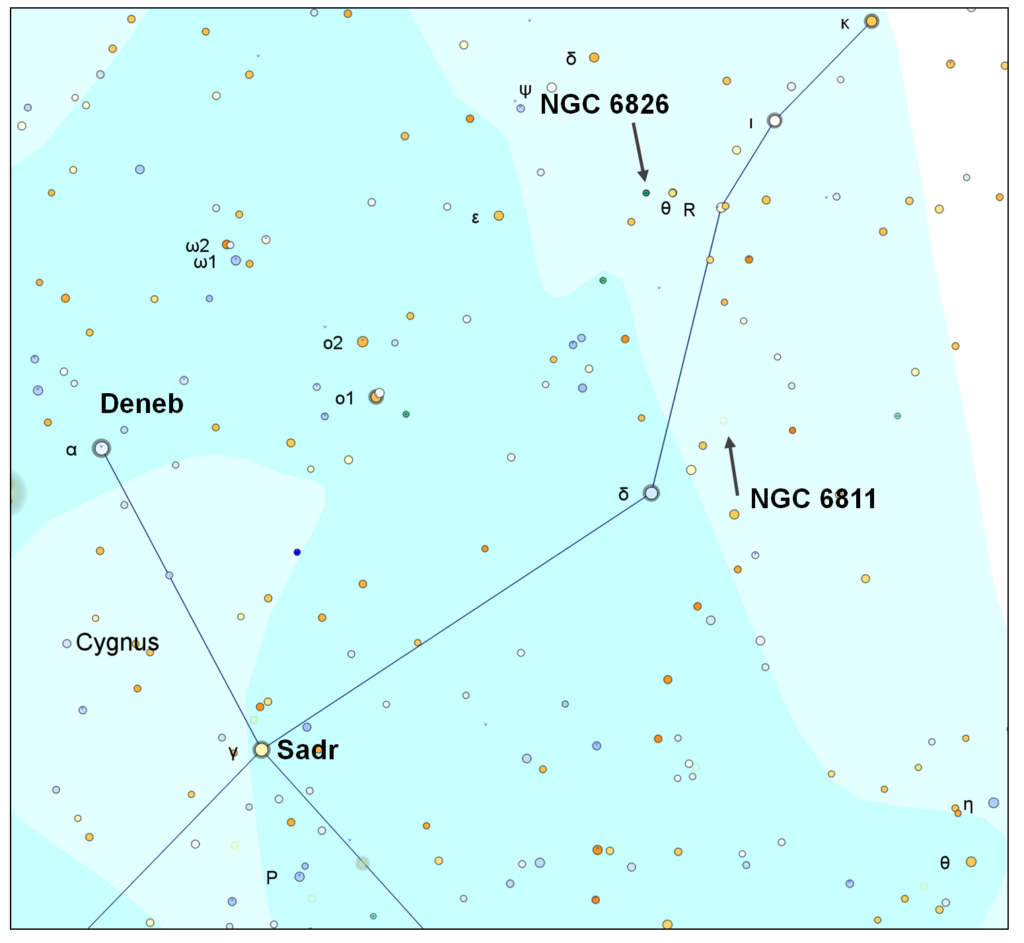 Location of NGC 6826, the Blinking Planetary, in the western wing of Cygnus, the Swan. The star cluster NGC 6811 is also shown (created with SkyX Serious by Software Bisque).