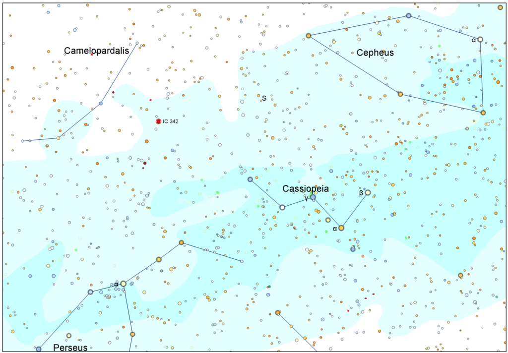The location of the spiral galaxy IC342 (Caldwell 5) in the constellation Camelopardalis.
