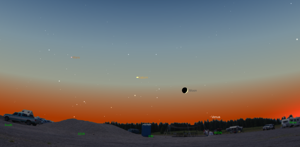 The waxing crescent Moon, Venus, Saturn, and Mars as seen after sunset on Oct. 4, 2016. Created with SkyX Serious Astronomer by Software Bisque.