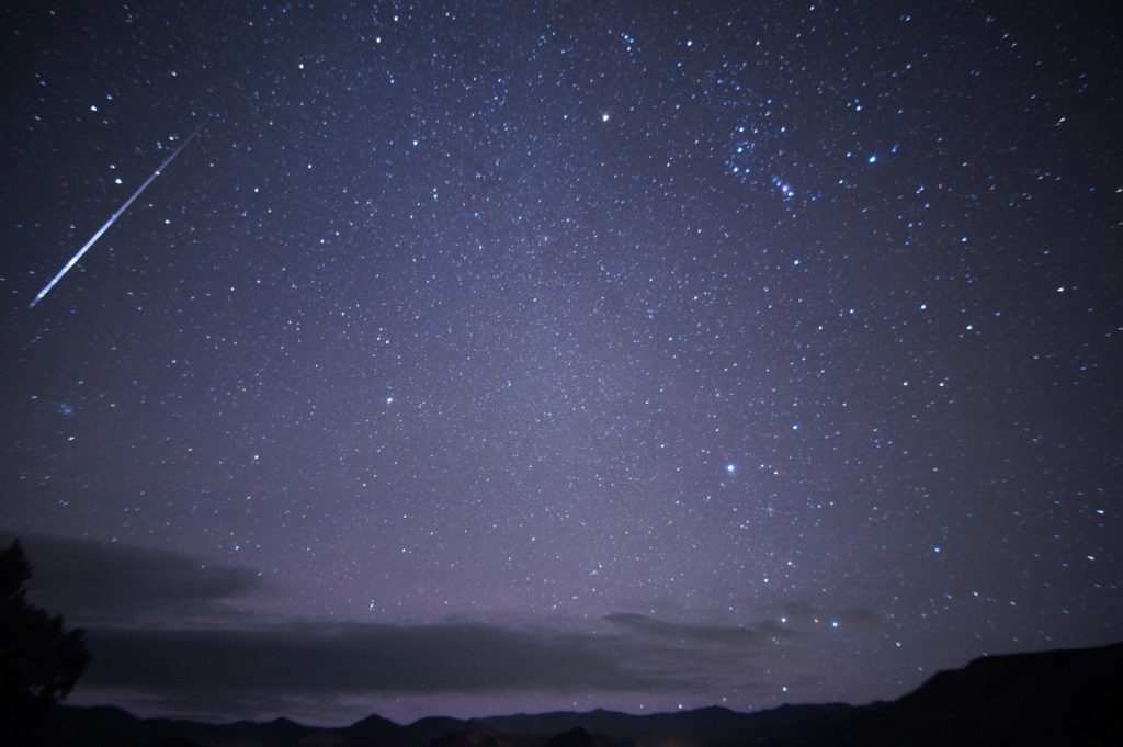 The constellation Orion and an Orionid meteor (credit: Mike Lewinsky via Flickr).