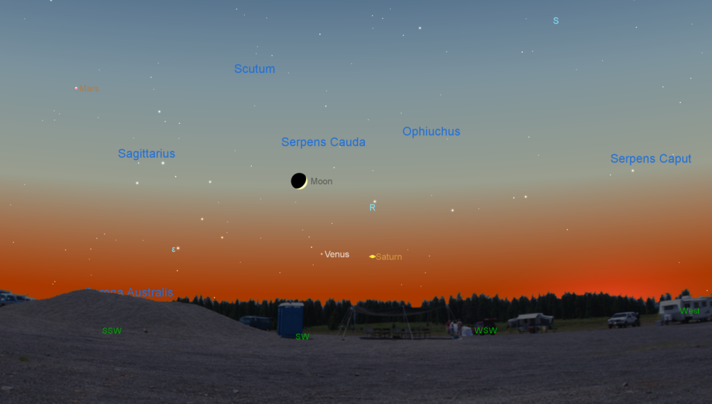 The waxing crescent Moon and the planets Venus and Saturn in the southwestern sky after sunset on Nov. 3, 2016. The planet Mars lies to the east (at the upper left in this image). Created with SkyX Serious Astronomer.
