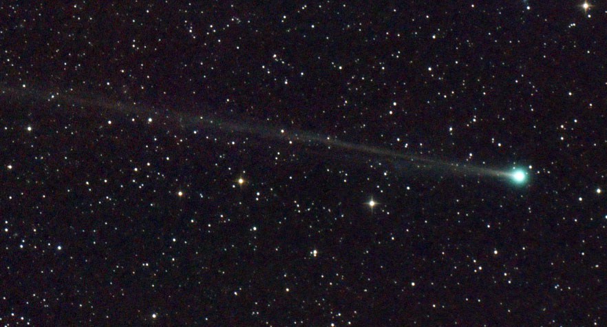 Comet 45P/Honda-Mrkos-Pajdusakova on Dec. 23, 2016. A skinny gas or ion tail extends to the east of the blue-green coma. The comet is currently visible near the end of evening twilight. Credit: Jose Chambo