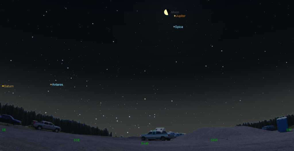 The last quarter Moon forms a compact triangle with the bright planet Jupiter and the slightly less bright star Spica in the constellation Virgo in the southeastern sky on January 19, 2017