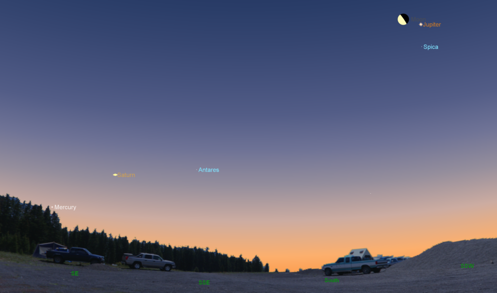 Mercury and Saturn lie to the east of the bright star Antares in the southeastern sky before sunrise on January 19, 2017.