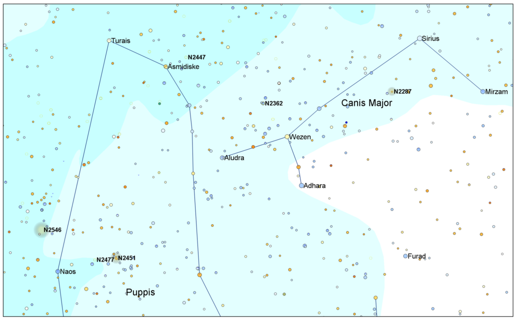 The location of the southern star clusters NGC 2477 and NGC 2451 in the southern reaches of the constellation Puppis.