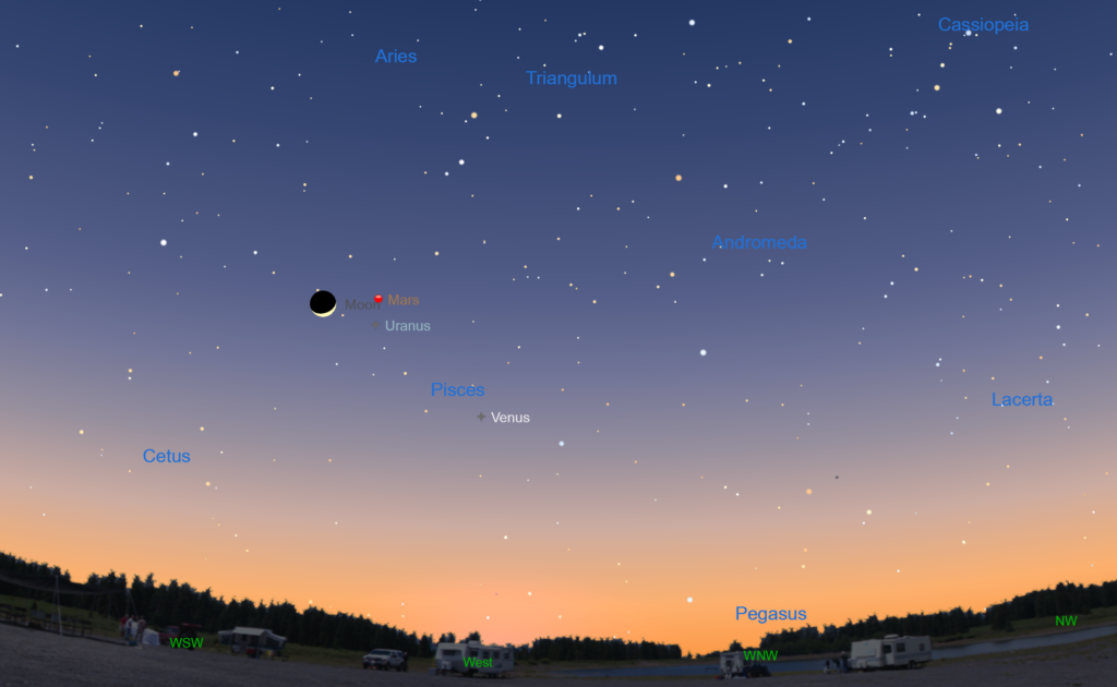 The waxing crescent Moon, Mars, Uranus, and Venus in the western sky after sunset on March 1, 2017.