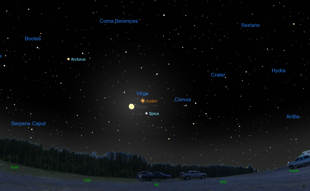 The waning gibbous Moon, the star Spica, and the planet Jupiter at around midnight on March 14-15, 2015.