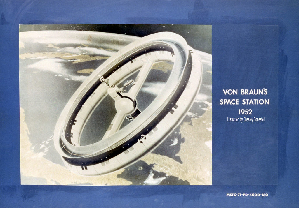 A painting by Chesley Bonestell for NASA showing Werhner von Braun's concept for a space station.