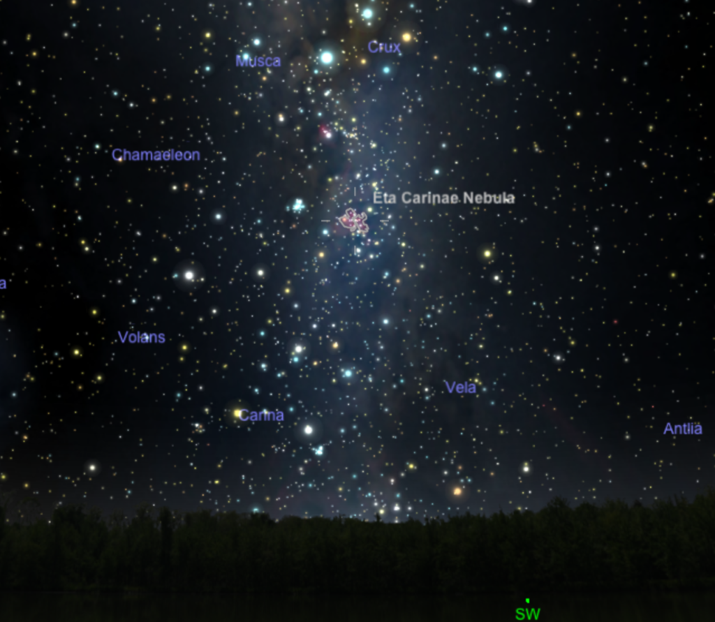 NGC 3372 (the Eta Carinae Nebula) lies in the Milky Way west of the constellation Crux, the Southern Cross (created with SkySafari 4 Plus)