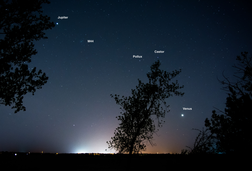 Venus, Jupiter, and the Beehive star cluster imaged on May 13, 2015 from Ottawa, Canada