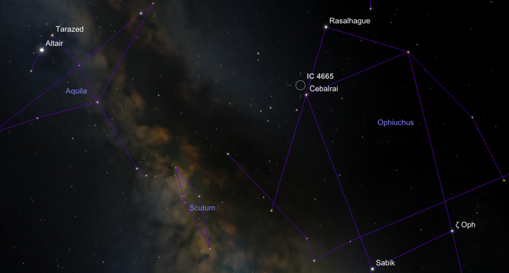 Location of the star cluster IC 4665 in the constellation Ophiuchus and NE of the asterism called Taurus Poniatowski.