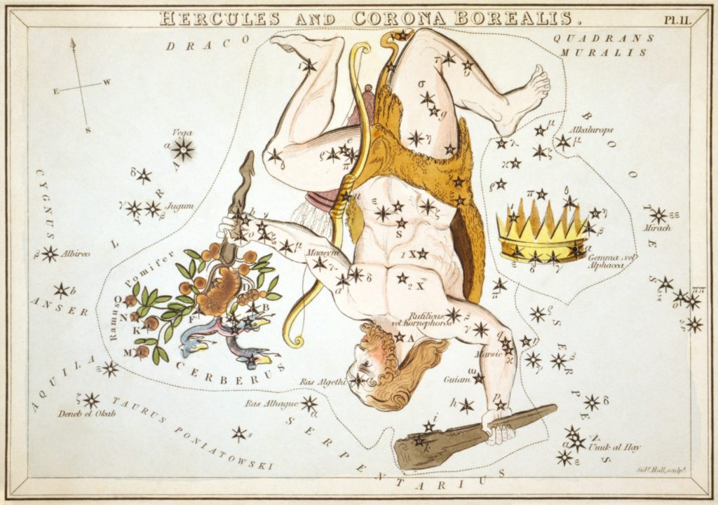 Illustrated star map showing Corona Borealis and Hercules