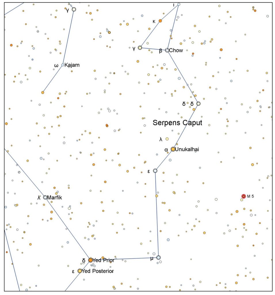 A view of the three stops on this tour of Serpens: the area around the head, globular cluster M5, and the double star 5 Serpentis, which in this image is the yellow star just to the lower left of M5.