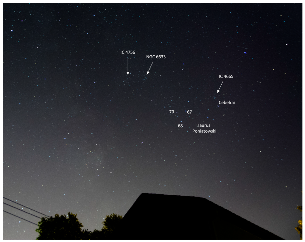 Wide-angle view of the region of Taurus Poniatowski showing open star clusters IC 4665, IC 4756, and NGC 6633.