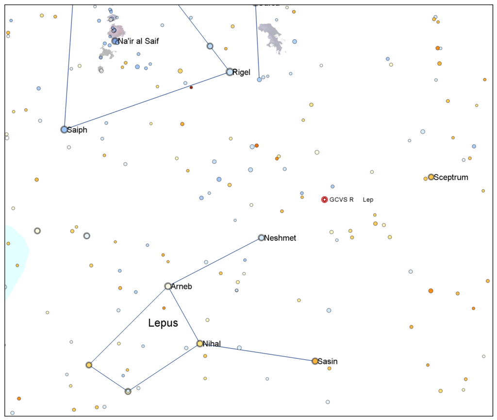 The carbon star R Leporis lies south of Orion and about 3 degrees west of the star Neshmet (mu Leporis)