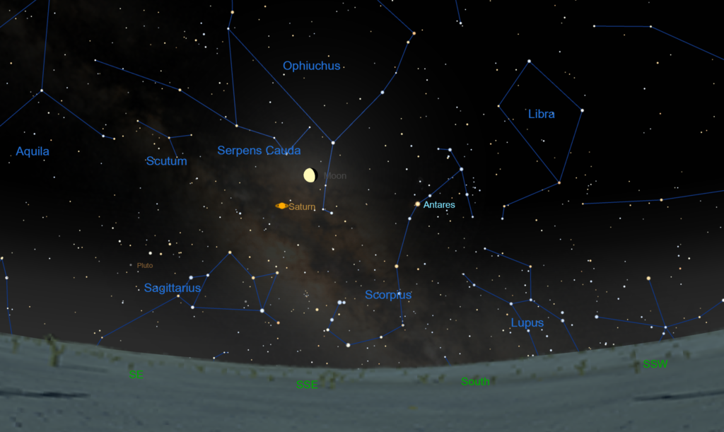 Saturn rises in the southeast well after midnight in mid-April 2017. The planet lies in western Sagittarius and retrogrades (moves westward) from April 6 until mid June.